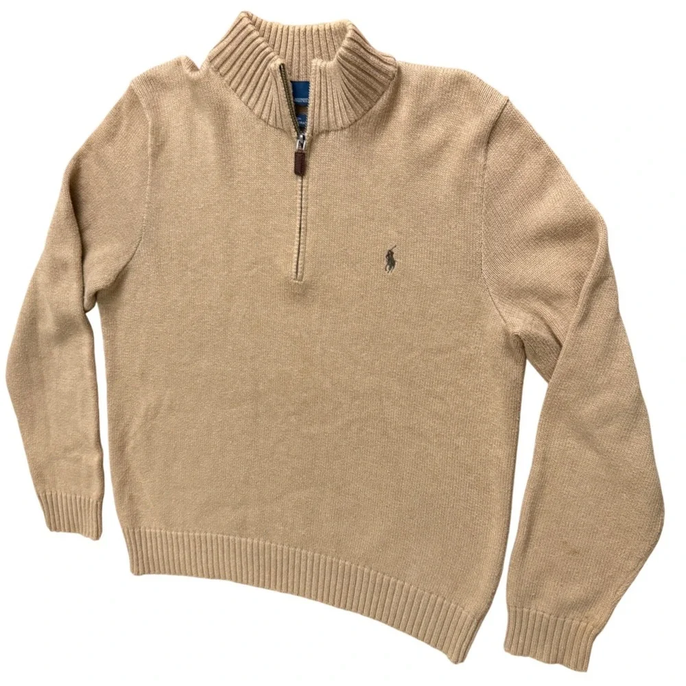 Polo Ralph Lauren Mens Tan Beige Cotton Quarter Zip Pullover Sweater Large